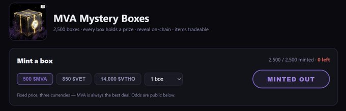 A webpage for 'MVA Mystery Boxes' showing 2,500 boxes have been minted out, with minting options for 500 $MVA, 850 $VET, or 14,000 $VTHO per box.