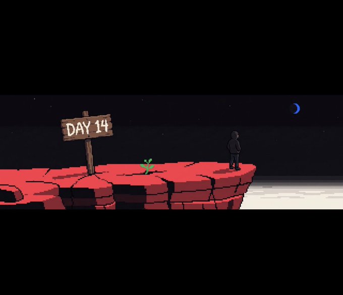 A pixel art scene shows a hooded figure standing on a red rocky cliff edge under a starry night sky with a crescent moon, beside a wooden sign reading "DAY 14" and a small green sprout, illustrating the startup-building survival journey promoted by the post about @exitlabsdotfun's on-chain founder experience on Robinhood Chain.