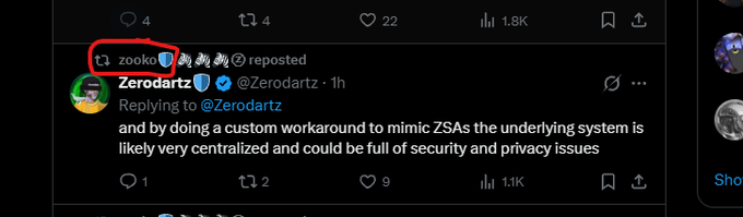 A screenshot of a Twitter/X post from Zerodartz (@Zerodartz) replying to @Zerodartz, with 'zooko' circled, discussing custom workarounds for ZSAs and potential security/privacy issues.