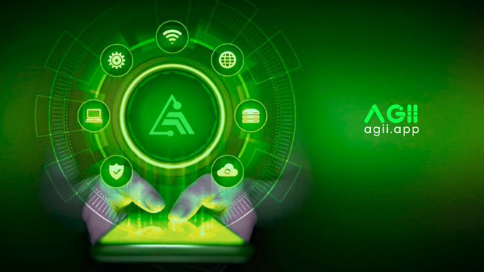 Hands cradle a glowing green digital interface featuring a central "AGII" logo surrounded by icons representing WiFi, the web, servers, laptops, and cloud computing, with "agii.app" displayed in the background. The image visually reinforces the post's message by symbolizing the handling and deployment of advanced AI and web technologies through a futuristic, interconnected digital ecosystem.