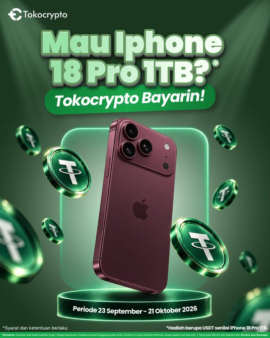 A green promotional advertisement for Tokocrypto reads 'Mau Iphone 18 Pro 1TB?* Tokocrypto Bayarin!' featuring an iPhone surrounded by Tokocrypto coins, with the period '23 September - 21 Oktober 2026' listed at the bottom.
