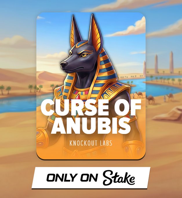 Promotional graphic for "Curse of Anubis" by Knockout Labs, featuring an Egyptian-styled Anubis character in golden and blue pharaoh attire against a desert backdrop, with "ONLY ON Stake" branding at the bottom—perfectly matching the post's announcement of the game's launch on Stake.