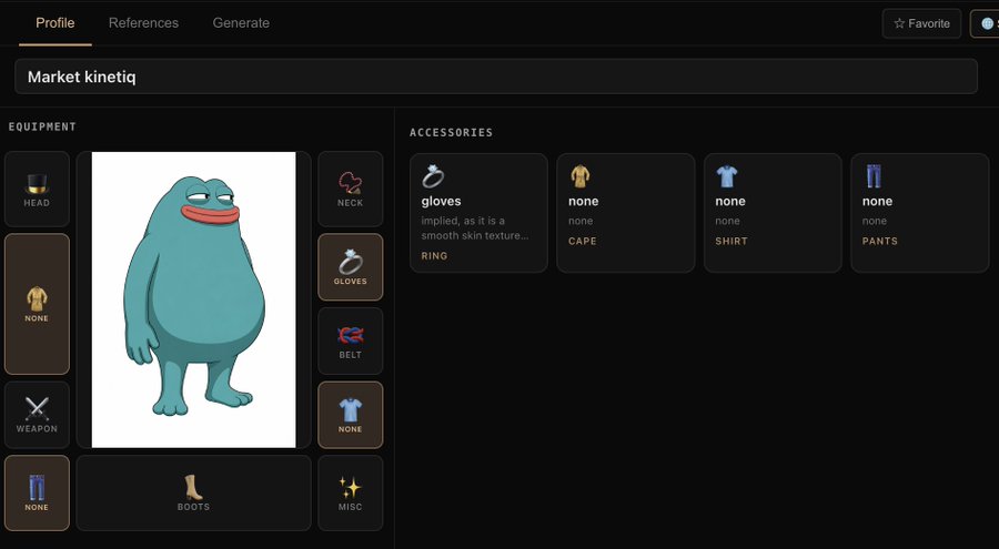 A character customization interface titled "Market kinetiq" displays a blue blob creature with red lips in the central preview panel, surrounded by equipment categories (Head, Body, Weapon, Boots) and accessories (Ring, Cape, Shirt, Pants) that show gloves currently equipped. The interface appears to be a tool for creating a mascot for Kinetiq/Markets, fitting the contest theme of designing the "blob" mascot character for a $100 prize.