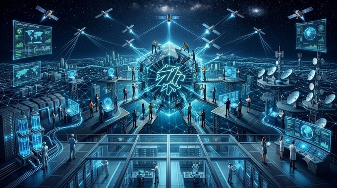 A futuristic sci-fi illustration depicting a global network of satellites, servers, and people connected through glowing blue data streams, symbolizing worldwide digital communication and AI technology.