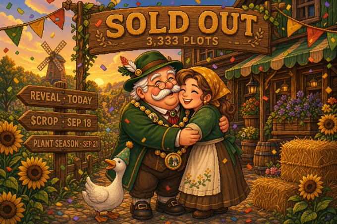 A charming illustrated scene shows a festive old-fashioned farm with an elderly gentleman in a green Tyrolean hat embracing a woman in a bonnet, alongside a duck wearing a party hat, with a prominent "SOLD OUT - 3,333 PLOTS" banner overhead and signs indicating "REVEAL TODAY," "SCROP - SEP 18," and "PLANT SEASON - SEP 21." The image visually celebrates the post's announcement that the 3,333-plot sale has sold out, with a reveal coming in just a few minutes.
