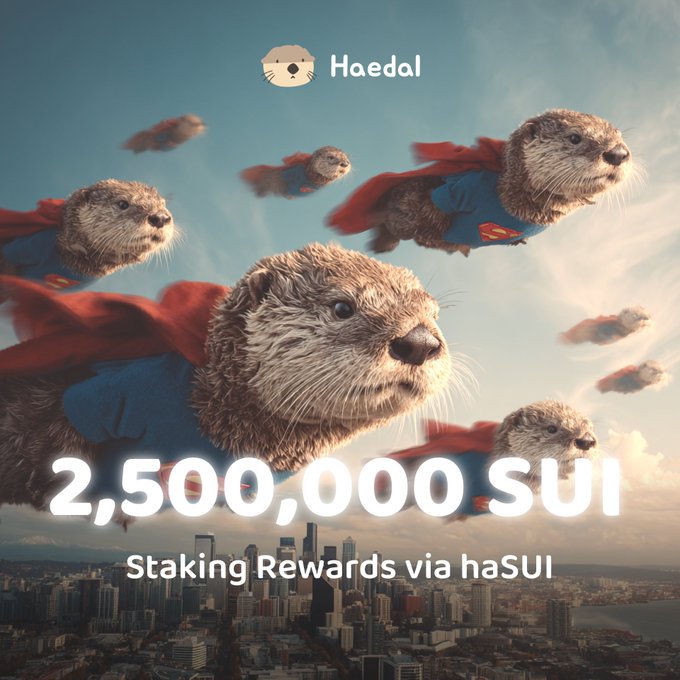An animated image shows a group of otters dressed as Superman flying through the clouds above a cityscape, with the "Haedal" logo at the top and text reading "2,500,000 SUI — Staking Rewards via haSUI." The superheroes otters serve as a playful visual metaphor for haSUI's powerful milestone of generating over 2.5 million SUI in native staking rewards for users on Sui Network, reinforcing the post's message of "super" yield and liquid staking strength.