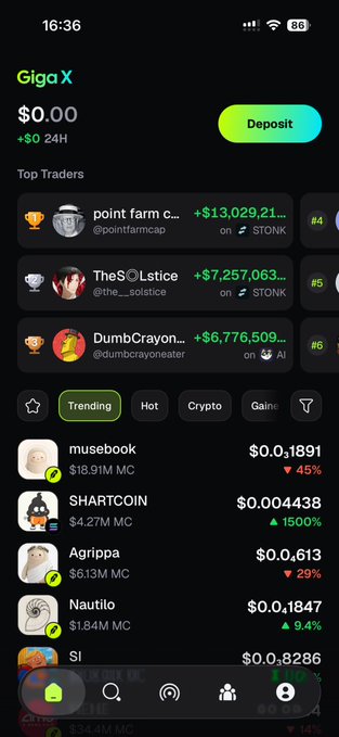 Screenshot of the Giga X crypto trading app showing Top Traders (point farm, TheSOlotice, DumbCrayon) and trending tokens like musebook, SHARTCOIN, AgriPpa, Nautilo, and SI.