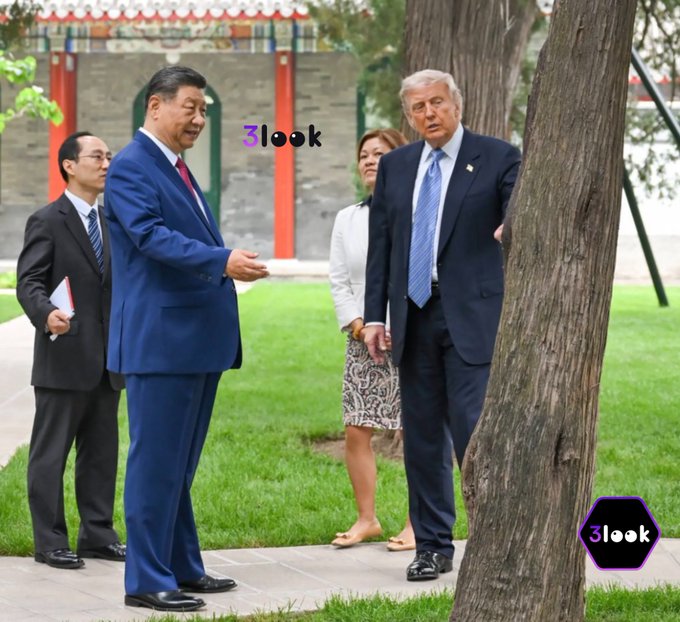 The image shows a man dressed in a suit standing next to a tree, with another man wearing a suit also standing near him. They appear to be engaged in conversation or observing something together. The background features a building, suggesting that they might be in an urban setting. A text overlay on the image reads "7 Look", which could possibly be a reference to a specific event or topic of discussion between the two men.
