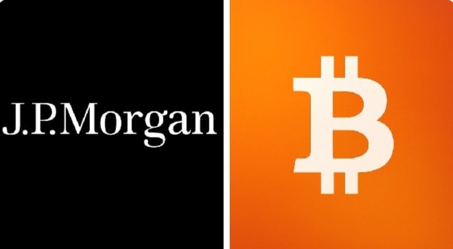 The image features the JPMorgan logo on a black background next to the Bitcoin "₿" symbol on an orange background, visually representing the bank's perspective on Bitcoin's long-term risks. It illustrates the tension between traditional finance (JPMorgan) and cryptocurrency (Bitcoin) highlighted in the post about private blockchains potentially challenging public networks.