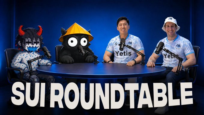 A promotional image for "SUI ROUNDTABLE" featuring two men in white "Yetis" jerseys alongside a pixelated devil figure and a black mascot in a yellow hat, seated at a podcast table with microphones, promoting Episode 27 featuring Sui Network's Marketing Lead.