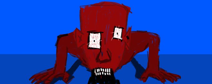 A crude digital drawing of a red character with wide eyes and exposed teeth against a blue background.