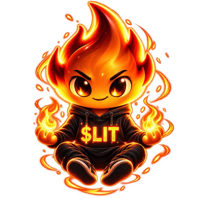 A cute, cartoon-style fire elemental mascot wearing a black hoodie emblazoned with "$LIT" sits cross-legged while conjuring flames in both hands, visually capturing the bullish "FOMO" energy around the $LIT ticker highlighted in the accompanying post.