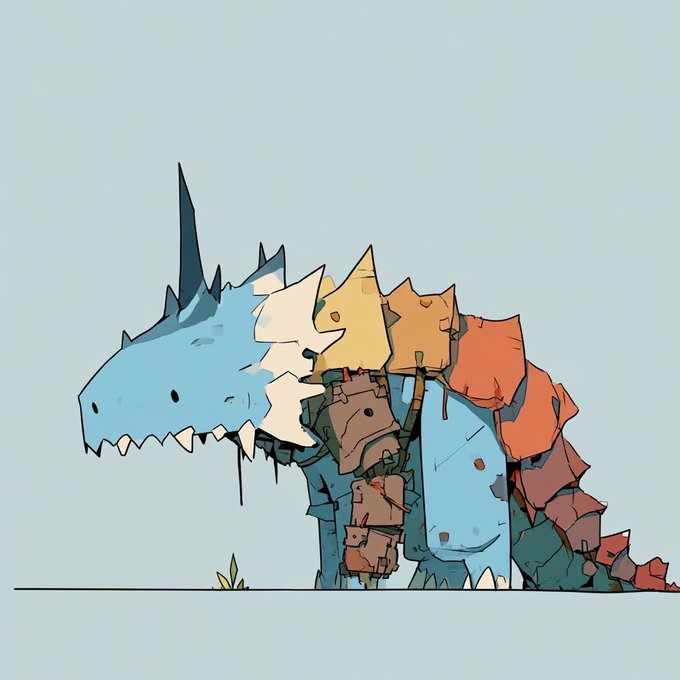 A blue, cartoon-style dinosaur-like creature with sharp teeth and a rugged armor of tan and orange shells stands against a pale blue background, fitting the post's mention of the distinctive art style associated with the WastelandRH project on RH. The creature's bold, imaginative design reflects the community-driven, selective nature highlighted in the caption.