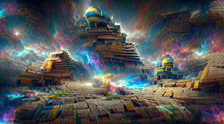 A vibrant, psychedelic digital illustration of an ancient, stepped pyramid temple glowing with iridescent blue and orange hues amidst a swirling, colorful atmosphere.