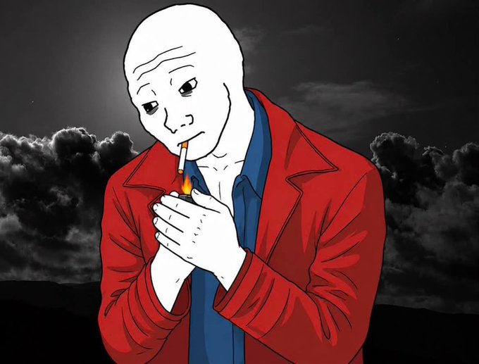 A sad, bald Wojak character in a red jacket lights a cigarette against a dark, cloudy sky, embodying the "pathetic" and lonely image of Wojak holders referenced in the post. The meme visually mocks those who "fade" $WOJAK, depicting them as degenerates fudding the coin without learning from the history of similar meme tokens like Pepe.
