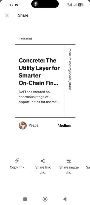 A mobile screenshot of a Medium article share screen titled "Concrete: The Utility Layer for Smarter On-Chain Fin..." by user "Peace" (peace.9491), with options to Copy link, Share link via, and Share image via.