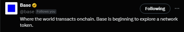 A tweet from Base (@base) reads: "Where the world transacts onchain. Base is beginning to explore a network token." The post's celebratory tone about onboarding the world together aligns with Base's announcement of exploring its own network token for its Layer-2 blockchain ecosystem.