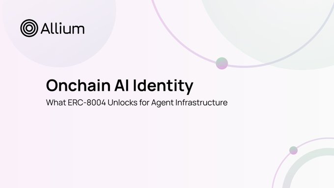 A clean, minimalist graphic for 'Allium' titled 'Onchain AI Identity' with the subtitle 'What ERC-8004 Unlocks for Agent Infrastructure'.