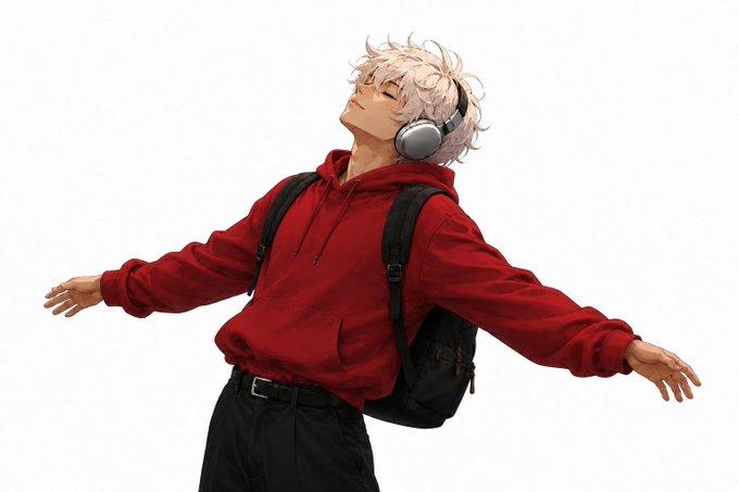 An anime-style illustration of a person with pink hair wearing a red hoodie and headphones, standing with arms outstretched against a white background.