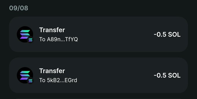 A mobile wallet transaction history showing two SOL transfers of -0.5 SOL each on 09/08, sent to addresses A89n...TfYQ and 5kB2...EGRd, corroborating the post's claim of sending $100 worth of crypto to subscribers.