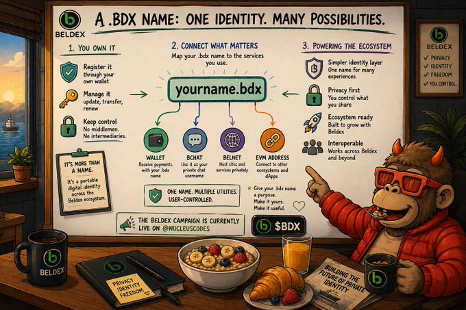 An illustrated infographic promoting "A .BDX NAME: ONE IDENTITY. MANY POSSIBILITIES" featuring the Beldex mascot and showing how a .bdx name connects to wallets, BChat, BelNet, and EVM addresses.