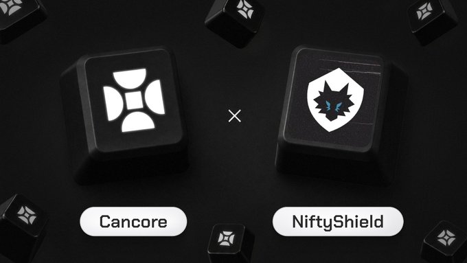 Black keyboard keys displaying the logos for 'Cancore' and 'NiftyShield' with an 'X' between them, set against a dark background.