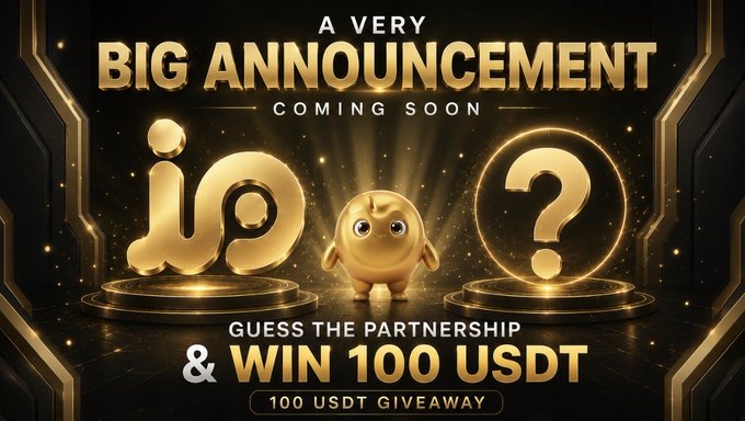 The image is a promotional graphic for IOTrader featuring a golden "io" logo next to a question mark, with bold text announcing "A VERY BIG ANNOUNCEMENT COMING SOON" and a giveaway offer to "GUESS THE PARTNERSHIP & WIN 100 USDT," aligning with the post's teaser for a major upcoming partnership reveal.