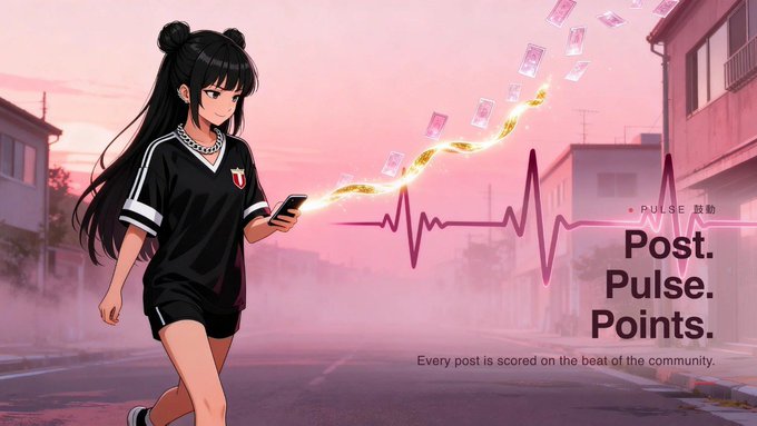 An anime-style illustration of a girl in a black soccer uniform walking down a pink-hued street while holding a phone that emits a glowing trail of cards and coins, with text reading 'PULSE 鼓動', 'Post. Pulse. Points.', and 'Every post is scored on the beat of the community.'