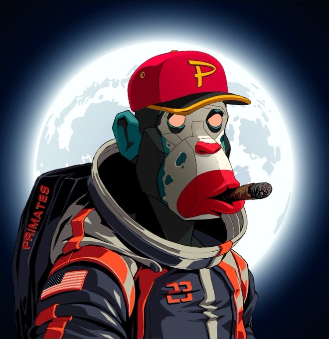 A stylized illustration of a cybernetic monkey wearing a red 'P' cap and a spacesuit labeled 'PRIMATES', smoking a cigar with the moon in the background.