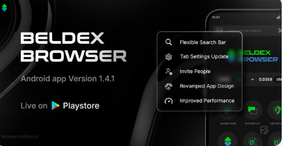 A promotional graphic for "BELDEX BROWSER" Android app Version 1.4.1, advertising features like a flexible search bar, tab settings update, invite people, revamped app design, and improved performance, with a Play Store download link.