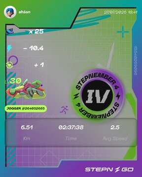 A STEPN GO fitness app screenshot showing a runner profile 'shion' with stats: 6.51 Km, 02:37:38 Time, 2.5 Avg Speed, a StepN Berg IV NFT sneaker, and level 30 Jogger #204452665.