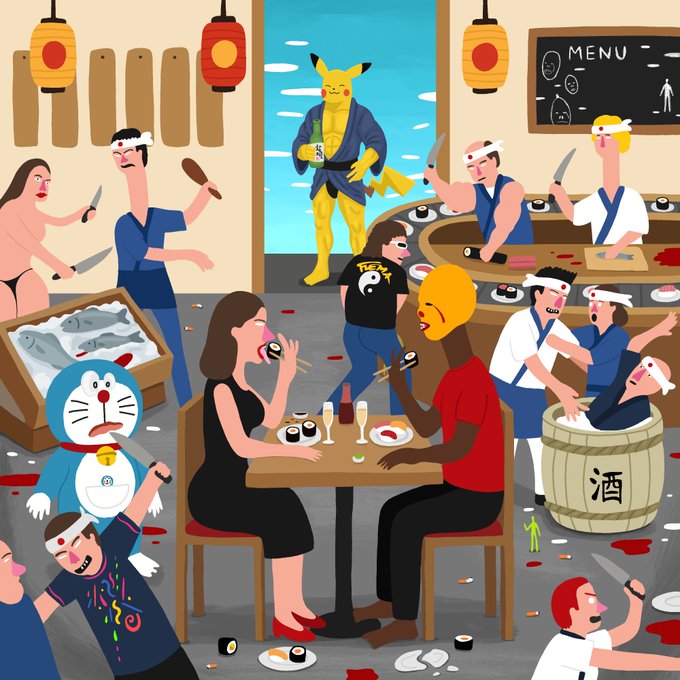 A chaotic cartoon sushi restaurant scene featuring characters like Pikachu dressed as a samurai, Doraemon, and various chefs and customers wielding knives, with a 'MENU' chalkboard on the wall.