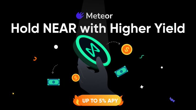 Promotional banner by Meteor featuring "Hold NEAR with Higher Yield" text, a glowing green NEAR token held by a hand, and a flame-shaped badge reading "UP TO 5% APY," highlighting RHEA's $rNEAR looping vault offering up to 5x leveraged staking yields as mentioned in the post.