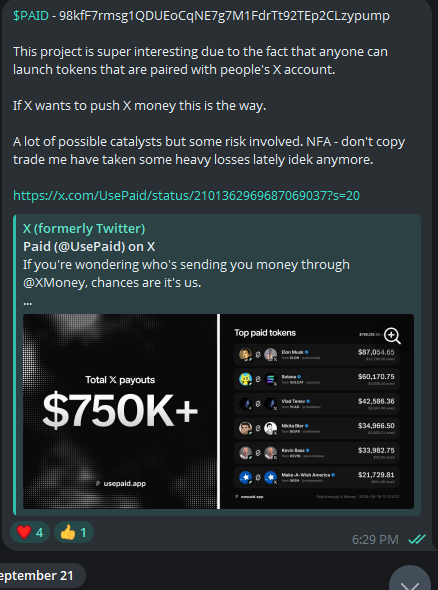 A Telegram post discussing the $PAID token, showing 'Total X payouts $750K+' and a leaderboard of top paid tokens including Don McNeal ($87,004.05), Believe ($60,170.75), and Vlad Tene ($42,586.36).