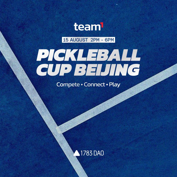 A promotional poster for the 'Pickleball Cup Beijing' event by 'team¹' on August 15, 2PM-6PM, featuring a blue court background and the tagline 'Compete • Connect • Play'.