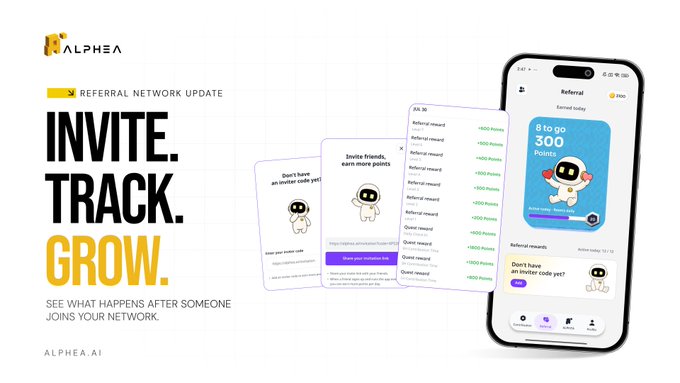 Promotional banner for ALPHEA AI announcing a 'REFERRAL NETWORK UPDATE' with the tagline 'INVITE. TRACK. GROW.' featuring mobile app screenshots showing points and referral rewards.