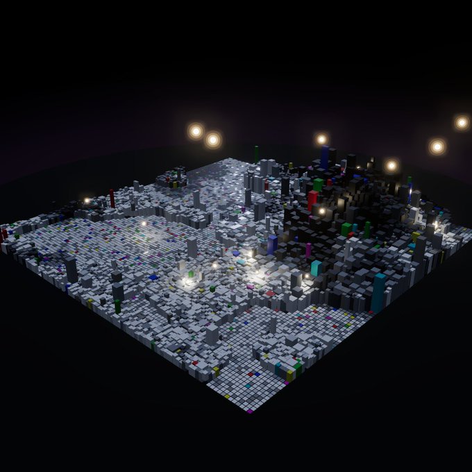 A 3D voxel-style rendering of a dark cityscape with illuminated buildings and floating light orbs against a black background.