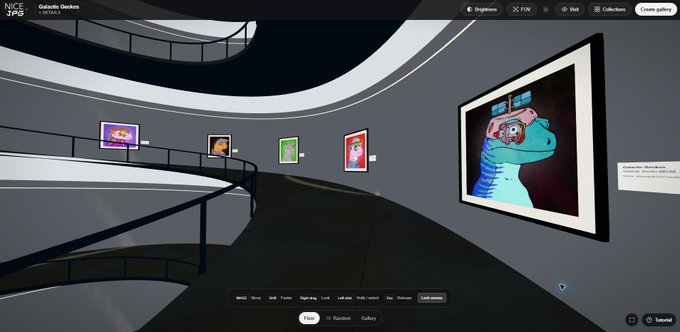 A screenshot of a virtual NFT gallery on the NICEJPG platform displaying digital artwork, including a featured illustration of a blue dinosaur, along with interface elements like 'Segments', 'POV', and 'Walk' buttons.