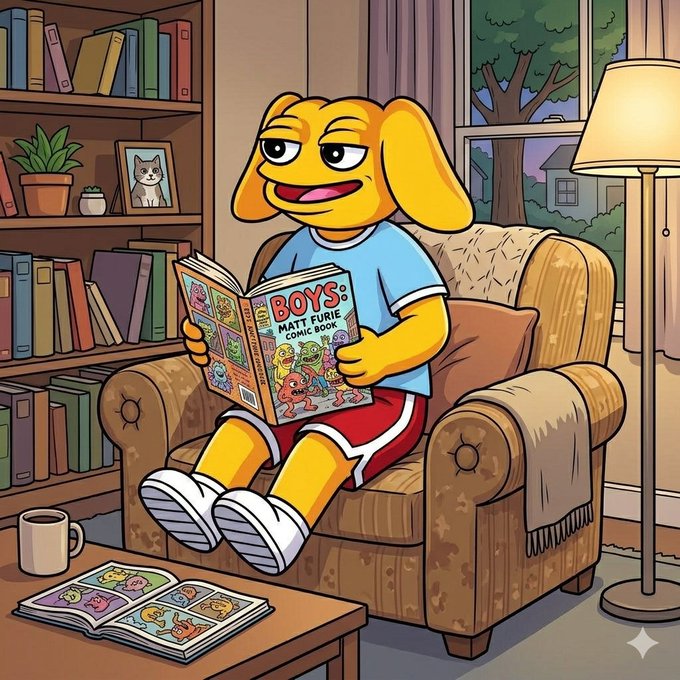 A cartoon yellow dog wearing a blue shirt and red shorts sits in an armchair reading a comic book titled "BOYS - MATT FURIE COMIC BOOK," with bookshelves, a lamp, and a coffee mug in the background.