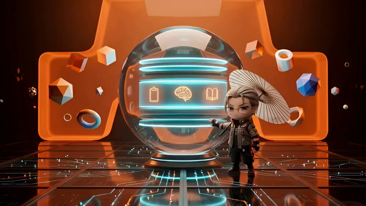 The image features a cartoon character standing next to a glass ball with blue neon lights inside of an orange room. The character appears to be holding a white umbrella. The background includes various geometric shapes and designs, creating a visually appealing scene. The caption provided in the image seems to be unrelated or unrelated to the main subject matter, which is the cartoon character and the glass ball.