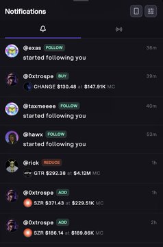 A mobile notifications screen showing recent activity including follows from users @exsx, @taxmoeee, and @hawxx, as well as transactions involving GTR and SZN tokens on the Oxtrose platform.