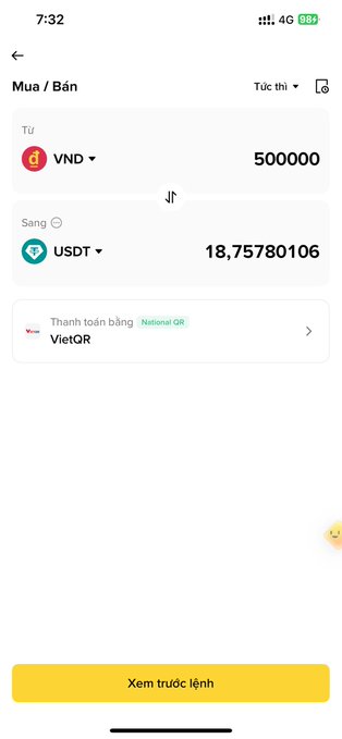 A Vietnamese crypto exchange app screenshot showing a buy/sell order to convert 500,000 VND to 18.75780106 USDT via VietQR payment on the Bybit exchange.