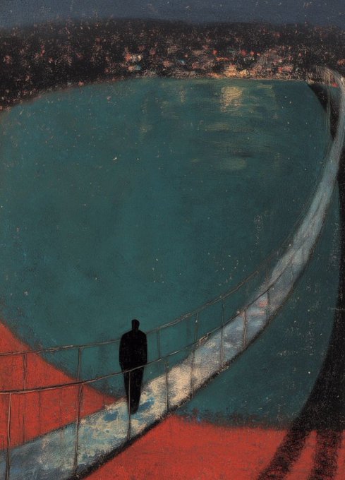 A lone figure walks across a long, narrow bridge that curves over a vast body of teal water toward a distant city glowing with scattered lights under a dark sky. The solitary silhouette and the expansive, melancholic landscape evoke a sense of quiet introspection, complementing the minimalist caption "Gn" (short for "goodnight") as a peaceful, reflective closing thought.