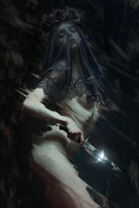 A dark, moody painting of a pale woman with dark hair wearing a flower crown and veil, holding a glowing dagger in front of her.