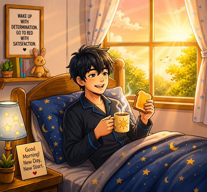The image features a young man sitting in bed with a cup of coffee and toast in his hands. The scene takes place next to a window that offers a view of trees outside. A sign can be seen hanging above him, which reads "Good Morning Base Fam Another fresh day, another chance to build something meaningful onchain Every step counts, no matter how small it seems". This image is related to the post because it highlights the importance of consistency and patience in achieving one's goals, just like the man's commitment to his morning routine.