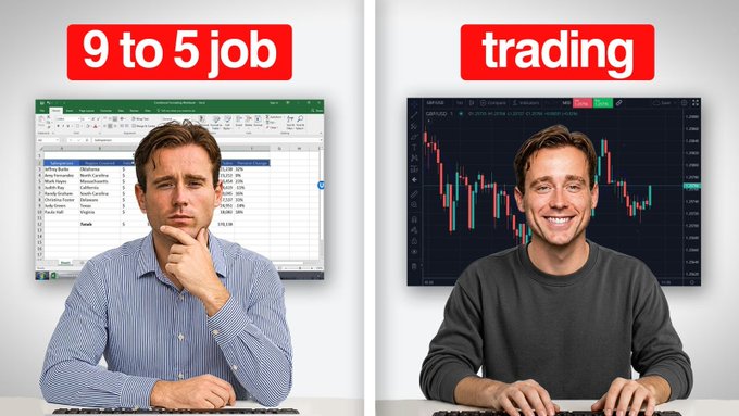 A two-panel comparison shows a man in a blue shirt looking bored at an Excel spreadsheet labeled "9 to 5 job" on the left, while smiling widely at a candlestick chart labeled "trading" on the right.
