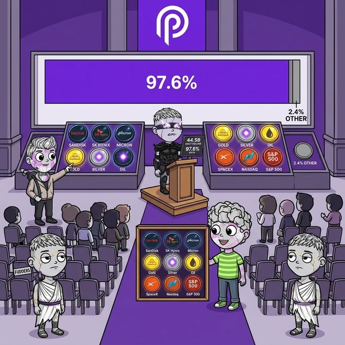A cartoon illustration depicting a purple-themed presentation or debate where a boy argues that commodities (gold, silver, oil, Sandisk, SK Hynix, Micron, SpaceX, Nasdaq, S&P 500) make up 97.6% of something, while other characters appear unimpressed.