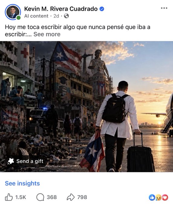 A Facebook post by Kevin M. Rivera Cuadrado, labeled as "AI content," featuring an image of a man with luggage walking away from a chaotic, debris-filled street scene with Puerto Rican flags.