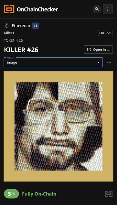 A mobile app screenshot from OnChainChecker displaying an NFT called 'KILLER #26' on the Ethereum L1 blockchain, featuring a pixelated portrait labeled 'Fully On-Chain'.