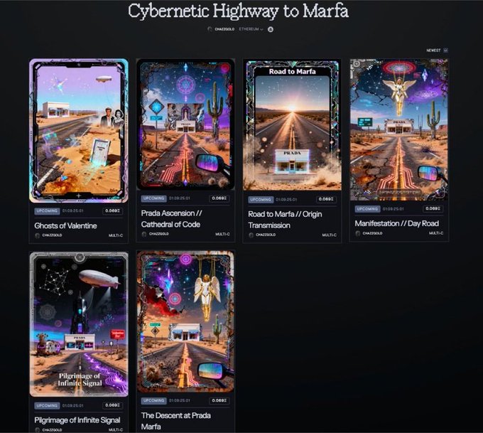 A digital marketplace interface titled 'Cybernetic Highway to Marfa' displaying a gallery of upcoming NFTs on the Ethereum blockchain, including works like 'Ghosts of Valentine', 'Prada Ascension // Cathedral of Code', and 'The Descent at Prada Marfa' scheduled for 01.09.26-01.
